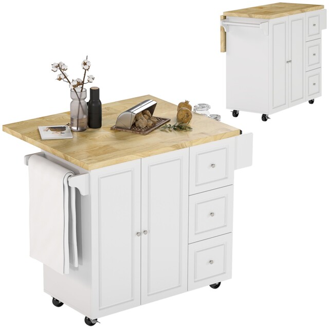 Homcom Rolling Kitchen Island, Kitchen Storage Trolley W/ Drop Leaf,