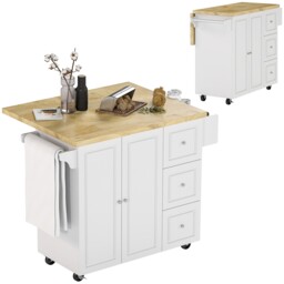 Homcom Rolling Kitchen Island, Kitchen Storage Trolley W/ Drop Leaf,