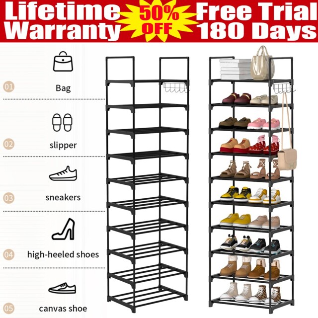 10 Tier Shoe Rack Stand Footwear Organiser Storage Metal Shelf Unit