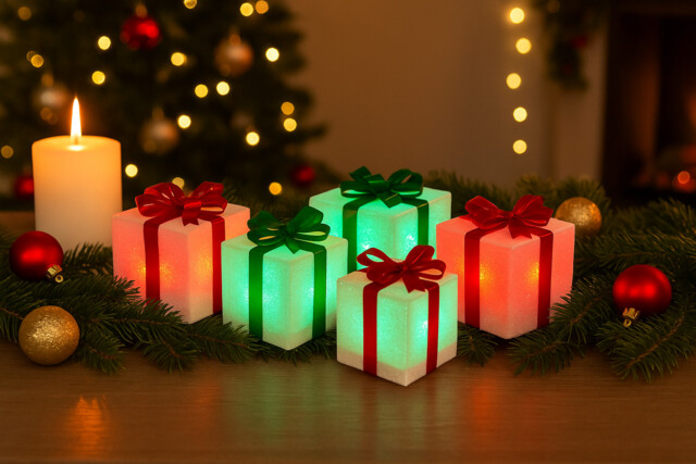 Christmas Led Present Decorations 5pc Set Light Up Gift Boxes Small
