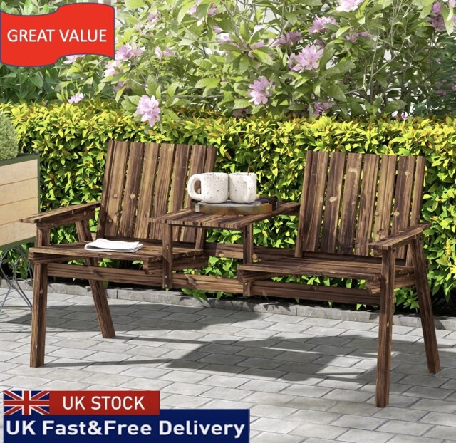 Wooden Garden Bench With Armrest, Carbonised Finish 2-seater