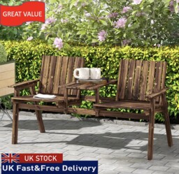 Wooden Garden Bench With Armrest, Carbonised Finish 2-seater