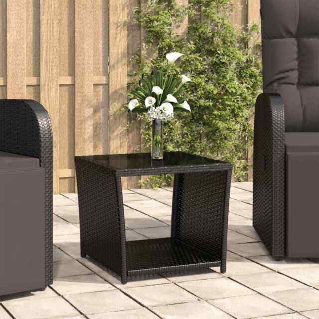 Tea Table With Glass Top Black Poly Rattan & Tempered Glass Vidaxl