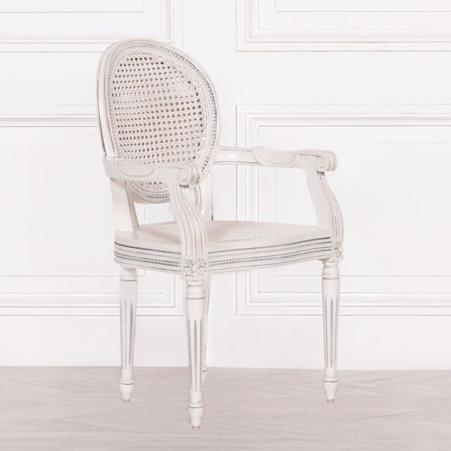 French Rococo White Rattan Armchair Comfortable Chateau Mahogany