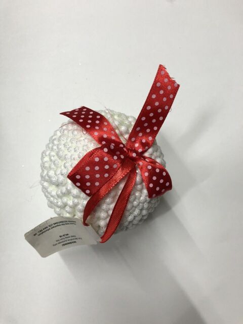 Christmas 4pk White Foam Beaded 8.7cm Baubles With Glitter And Red