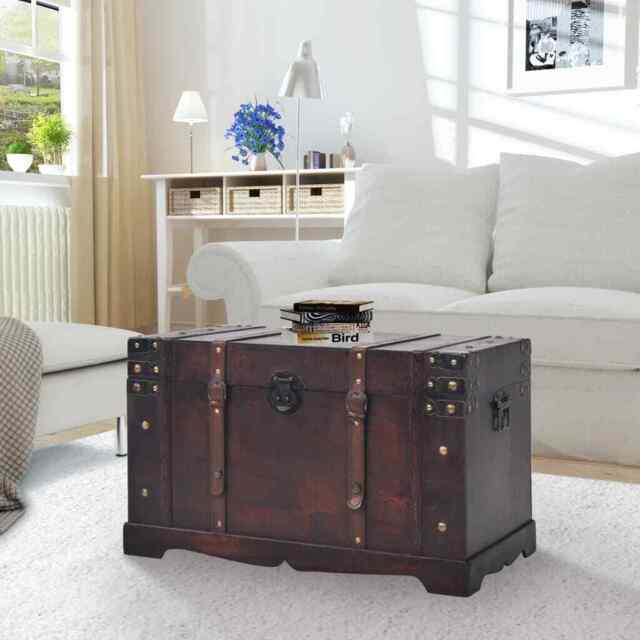Vintage Treasure Chest Wood Brown Storage Cabinet Box Trunk