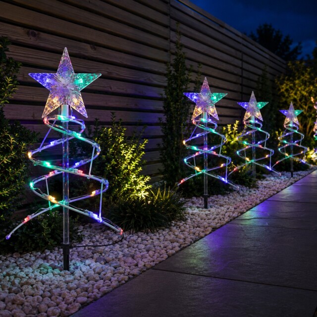 Set Of 4 Spiral Christmas Tree Garden Path Lights With 100
