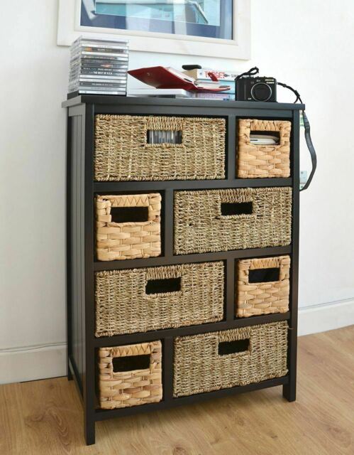 Wooden Storage Unit Wicker Baskets 8 Drawer Black Chest Assembled