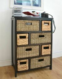 Wooden Storage Unit Wicker Baskets 8 Drawer Black Chest Assembled