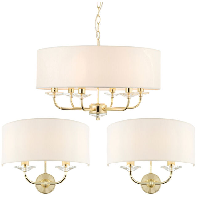6 Bulb Ceiling Pendant Lamp & 2x Matching Twin Wall Light Modern Brass