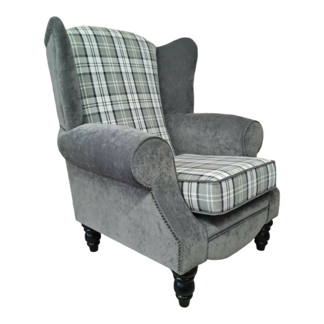 Wing Back Accent Chair Grey Tartan & Plain Grey Frame- Black Round