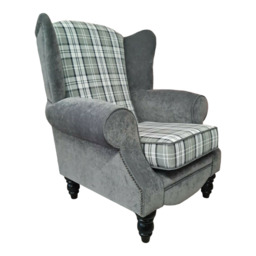 Wing Back Accent Chair Grey Tartan & Plain Grey Frame- Black Round
