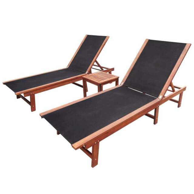 Sun Loungers 2 Pcs With Table Solid Acacia Wood And Textilene Vidaxl