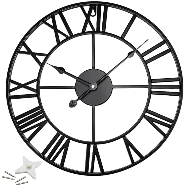 60cm Large Skeleton Metal Roman Wall Clock Big Numerals Giant Open