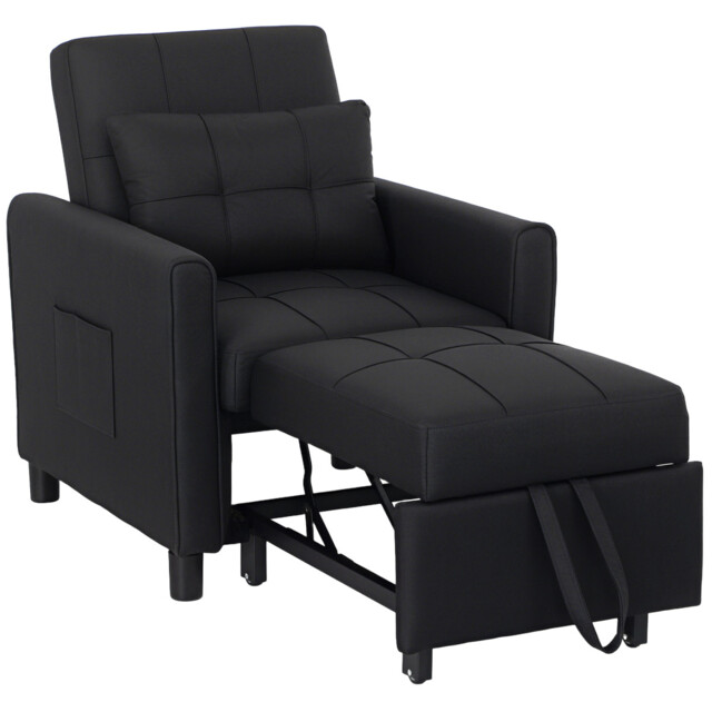 Folding Chair Bed Black Linen Steel Frame 69x82x85cm Pillow Side