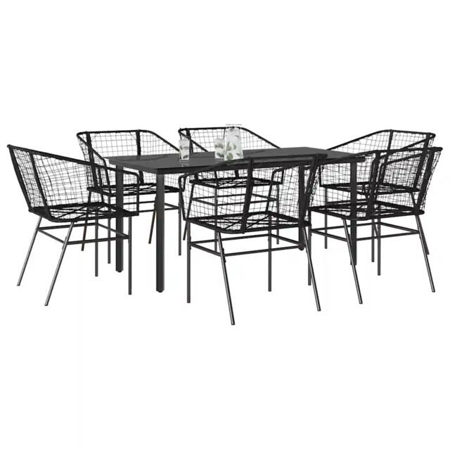 7 Piece Garden Dining Set Black Poly Rattan Glass Vidaxl