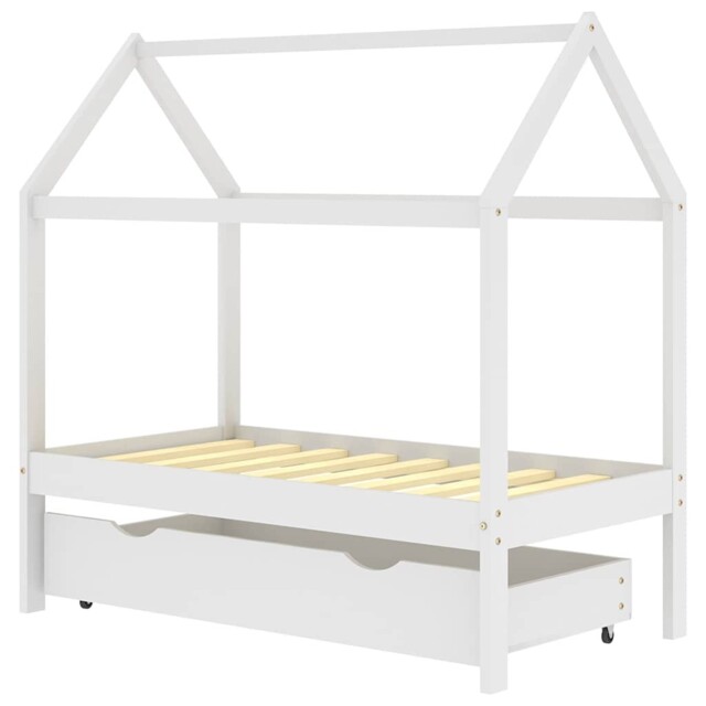 Solid Pine Wood Kids Bed Frame With A Drawer White 70x140 Cm Base