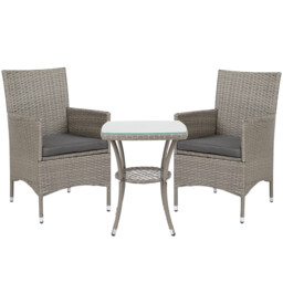 Rattan Bistro Set Grey 3pc Pe Wicker, Tempered Glass Table, Cushions