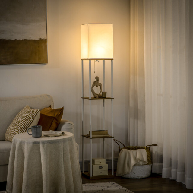 Modern Floor Lamp With Shelves And Fabric Lampshade For Living Room