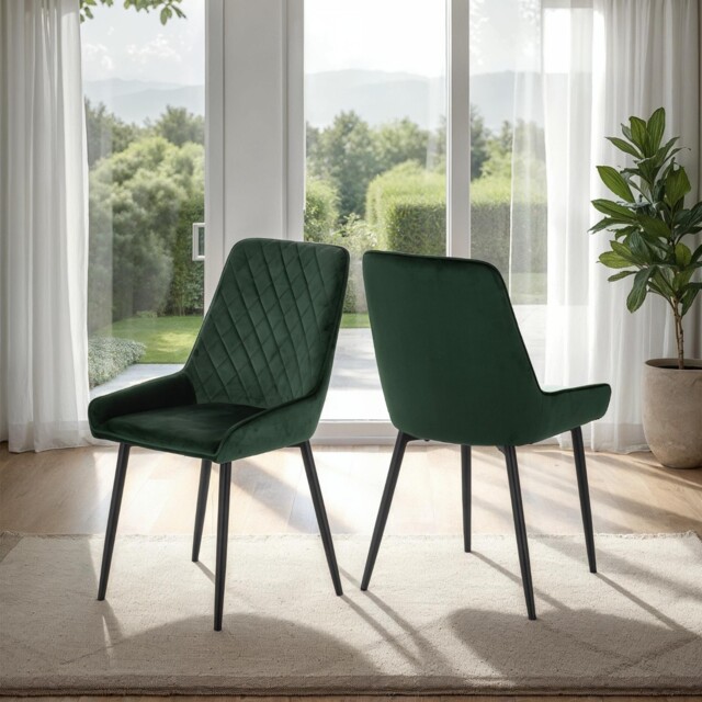 Avery X2 Green Velvet Dining Chairs Quilted Back Black Metal Legs