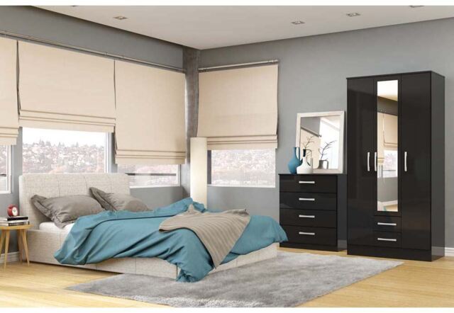 Lynx Black Gloss Bedroom Furniture Wardrobe Chest Bedside By Birlea