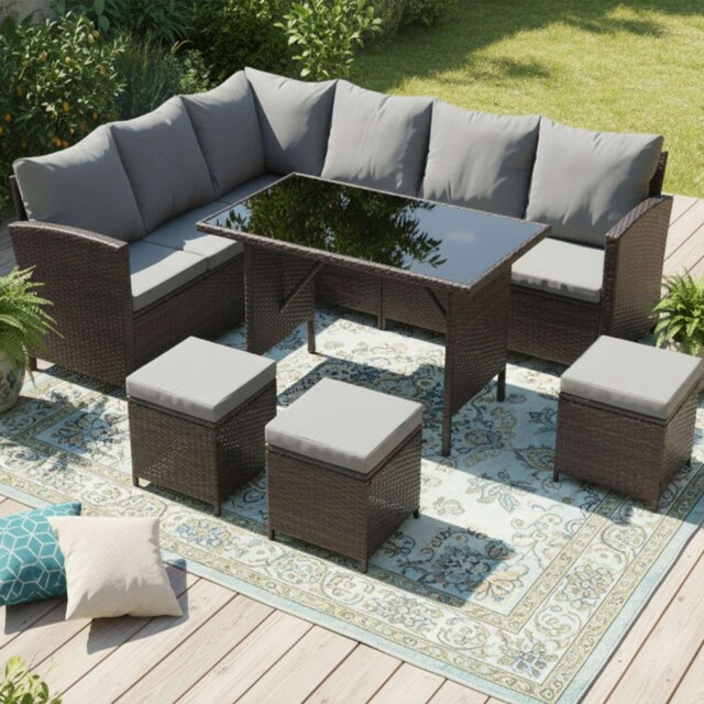 Birchtree Rattan Garden Furniture Set Sofa Footstool Glass Table 9