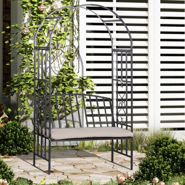 Garden Arbor Arch With Bench Metal Padded Seat Outdoor Decoration