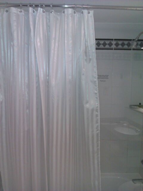 Pack Of 2 Hotel White Satin Stripe Fabric Shower Curtain & 12 Plastic