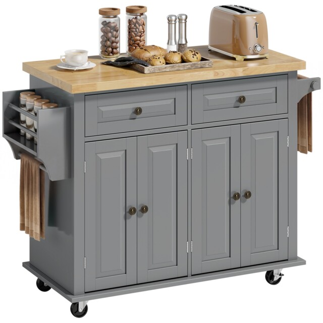 Homcom Rolling Kitchen Island Cart With Rubber Wood Top, Spices Grey