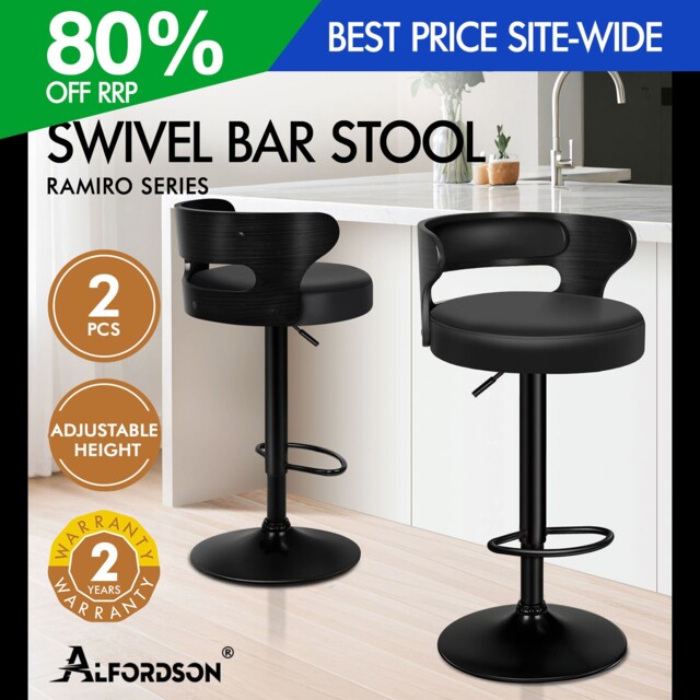 Alfordson 2x Bar Stool Swivel Gas Lift Wooden Backrest Dining Kitchen