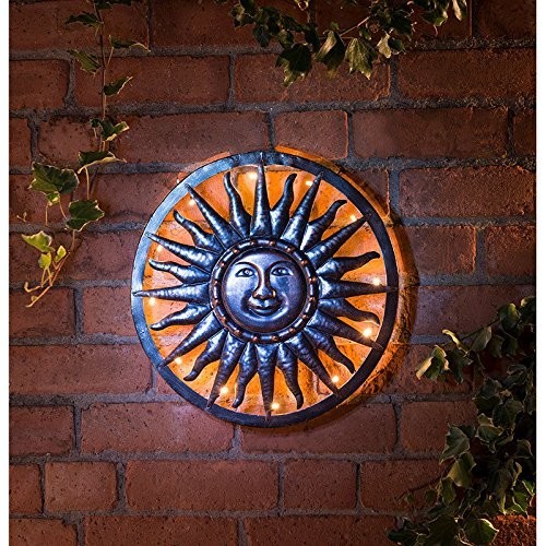 Solar Powered 40cm Bronze Sun Metal Wall Art Garden Outdoor Decoration