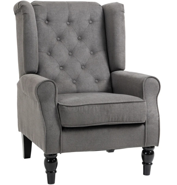 Retro Accent Chair Linen Wingback Armchair With Wood Frame Button