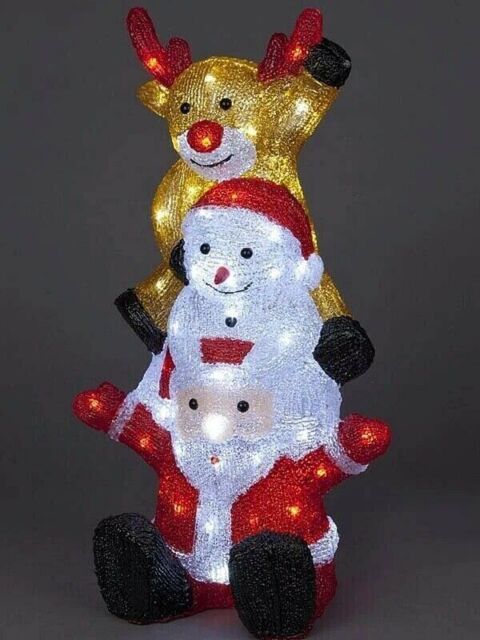 Santa Snowman And Reindeer Stacked Tower Acrylic Outdoor White Led Lit