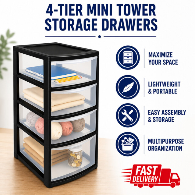 4 Tier Plastic Storage Drawer Tower Unit Clear Mini Boxes Space Saving
