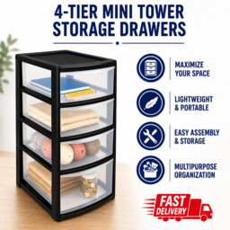 4 Tier Plastic Storage Drawer Tower Unit Clear Mini Boxes Space Saving