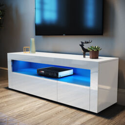 Modern Tv Unit Cabinet White Stand High Gloss Sideboard 120cm With Led