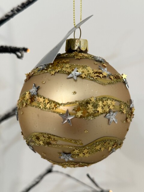 Gisela Graham Gold Glass Christmas Bauble With Silver & Gold Stars 8cm