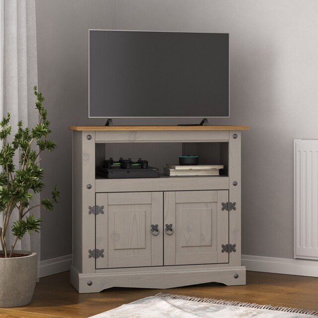 Corona Tv Stand Corner Grey Television Unit Mexican Solid Pine Wax