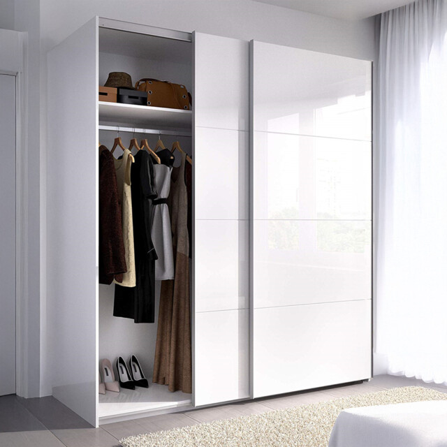 Arm Sliding Wardrobe 2 Door 150cm Wide, White Bedroom Storage