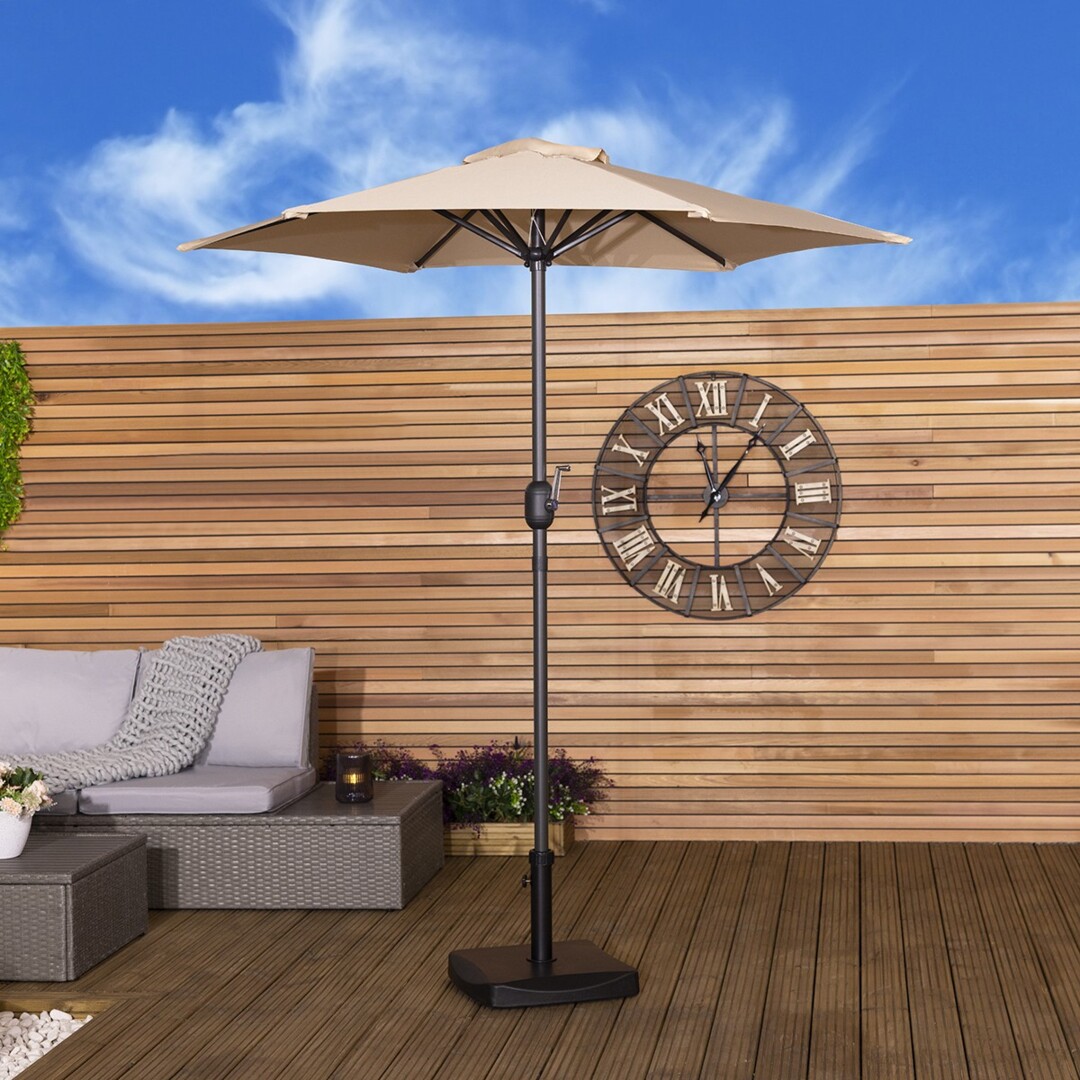 costco umbrella for patio JARDINA Outdoor Dining Set 8, Acacia Wood with Nylon Honeycomb Chairs & Hole, 83