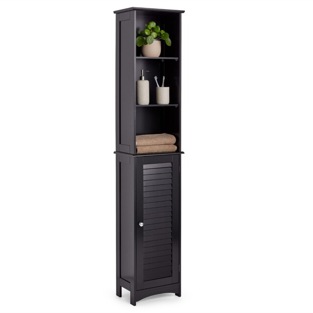 Tall Bathroom Cabinet Tallboy Slim Black Storage Cupboard W/ 6 Shelves