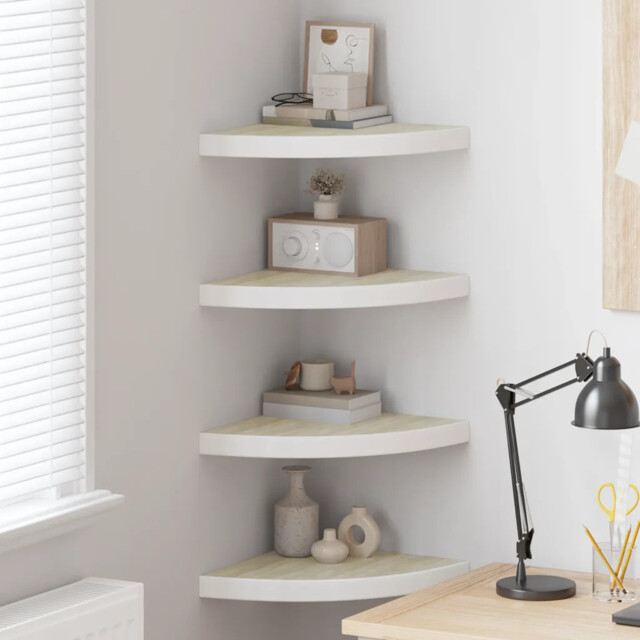 Corner Wall Shelves 4pc Oak & White 35x35x3.8cm Honeycomb Mdf Metal