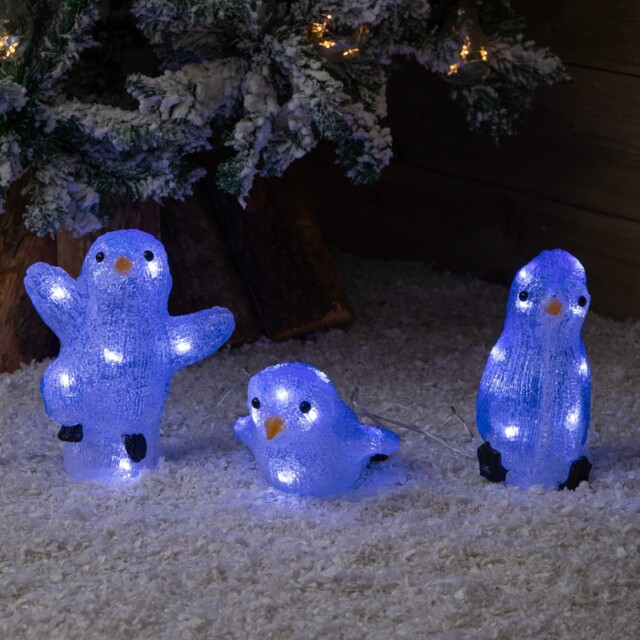 23cm Set Of 3 Light Up Acrylic Christmas Penguins With 30 Ice White