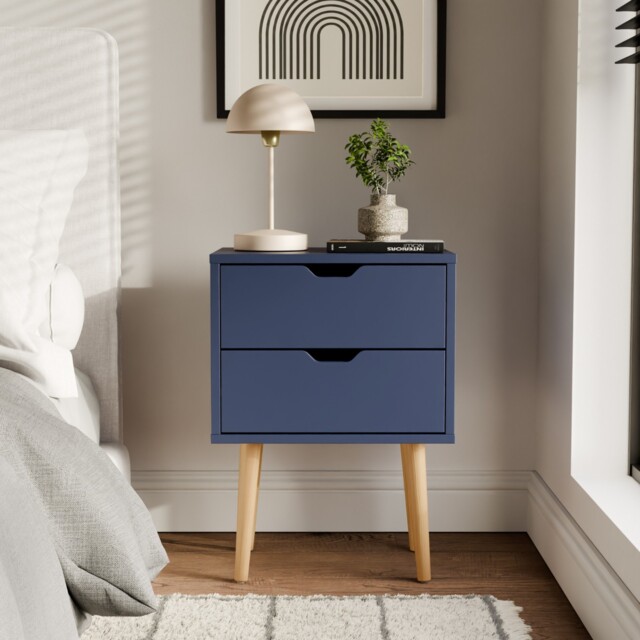 Nyborg Single 2 Drawer Bedside Cabinet Lamp Table Nightstand Blue