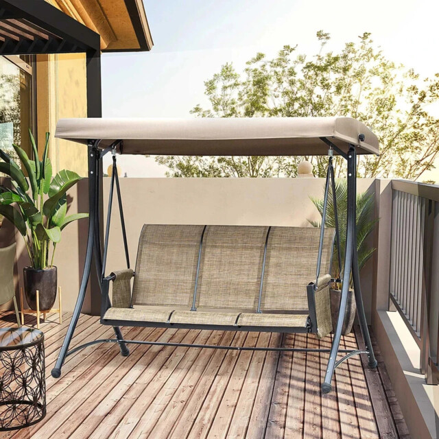 3 Person Outdoor Swing Chair With High Back Side Pockets And