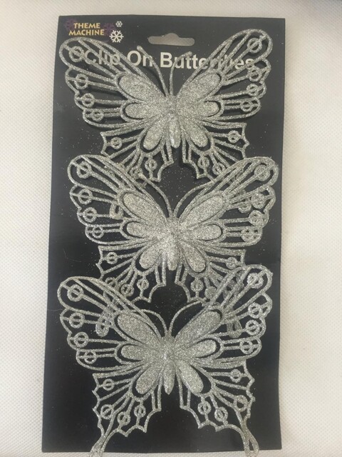Christmas 3 Pack Clip On Glitter Butterfly Tree Decoration - Silver