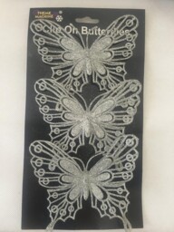 Christmas 3 Pack Clip On Glitter Butterfly Tree Decoration - Silver