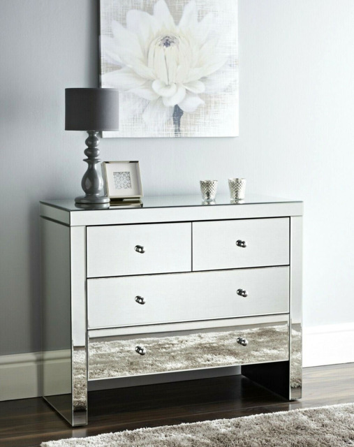 Niches Silver Chest Of Drawers 4 Large Bedside Table Bedroom Mirror