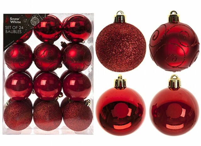 24 Red Christmas Baubles – Premium Shatterproof Tree Decoration Set