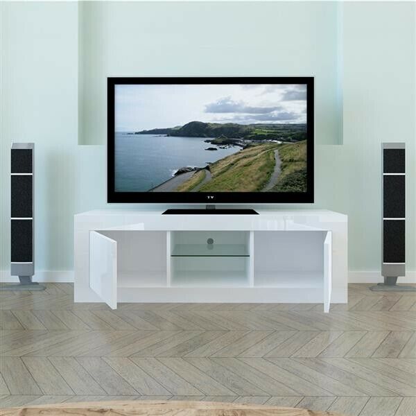 Modern Tv Unit 133cm Cabinet Matt And High Gloss White Led Rgb 2 Door